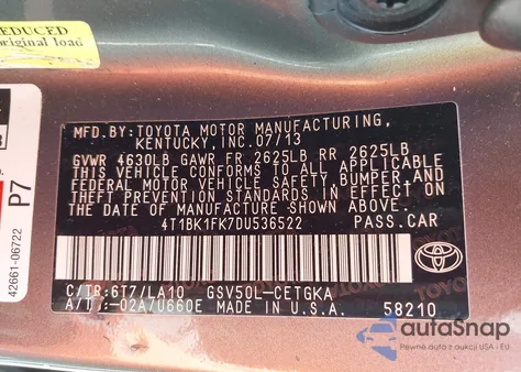 2013 Toyota Camry Xle V6 from USA, damaged, VIN 4T1BK1FK7DU536522